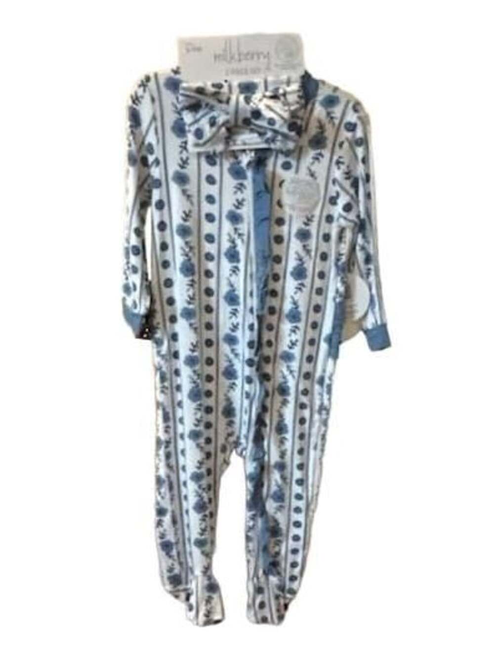 Milkberry 2 Piece Set Blue Floral Bamboo Romper and Bow 6-9M